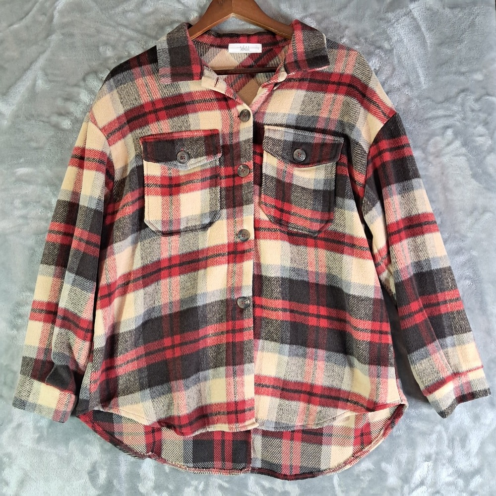Talulah Fleece Plaid Shacket Womens Large Red Beige Button Up Jacket HF21G624